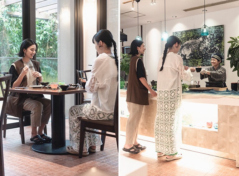 レストランでは西表島らしい料理の数々に舌鼓。ホテル内での移動にもシャンティが活躍。