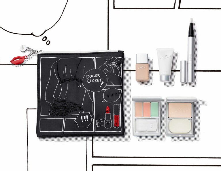 「RMK プレメイクアップ ミニコレクションキット 2020」9,800円(限定発売)。セット内容：RMK クリーミィ ポリッシュト ベース N 00 10g(ミニサイズ) SPF14 PA++、RMK リクイドファンデーション 102 15mL(ミニサイズ) SPF14 PA++、RMK 3Dミニカジュアルフィニッシュヌード EX-01 3g、RMK ルミナス ペンブラッシュハイライター 01 1.7g、RMK シルクフィット フェイスパウダー 01 3.5ｇ(ミニサイズ)、RMK オリジナルポーチ。Illustration © 2020 Erica Sakurazawa