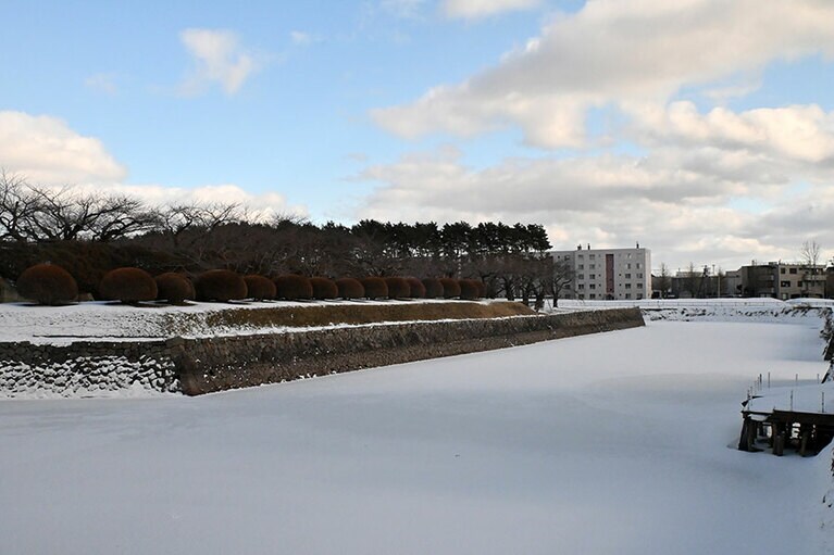 永倉さんが泳いでわたった二の橋からお堀を眺める。2月は氷が張っていました。