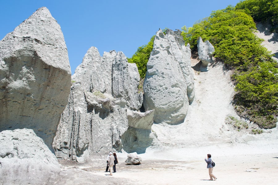 角度によって、二羽の鶏が向き合ったように見える双鶏岩。(C)佐井村観光協会