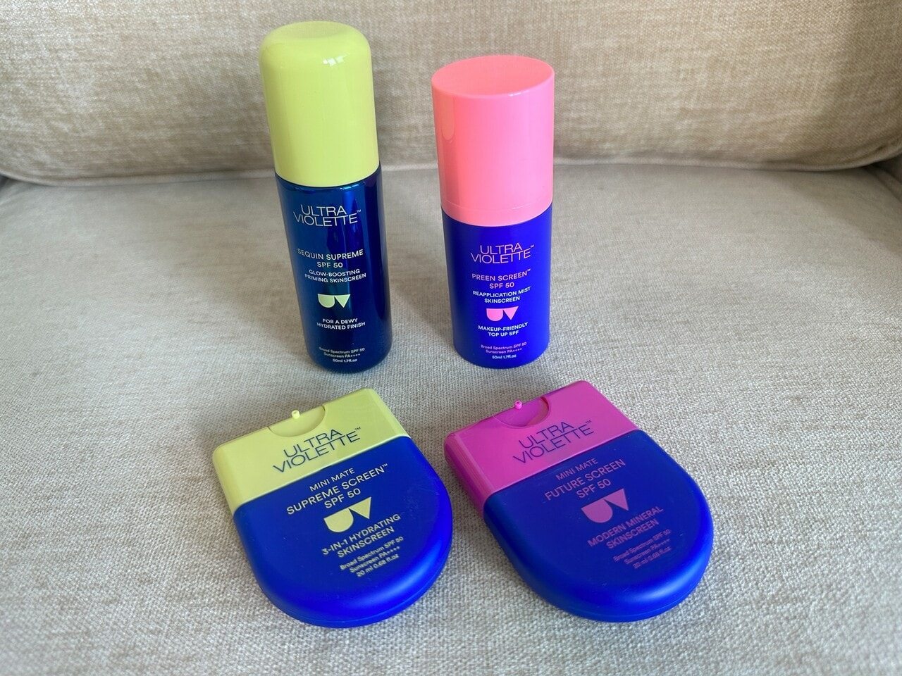 Sequin Supreme SPF50 36ドル、Preen Screen SPF50 30ドル、SPF Mini Mates Duo（写真のイエローとピンクは、ミニサイズの2本セット）29ドル／Ultra Violette（ウルトラ・バイオレット）