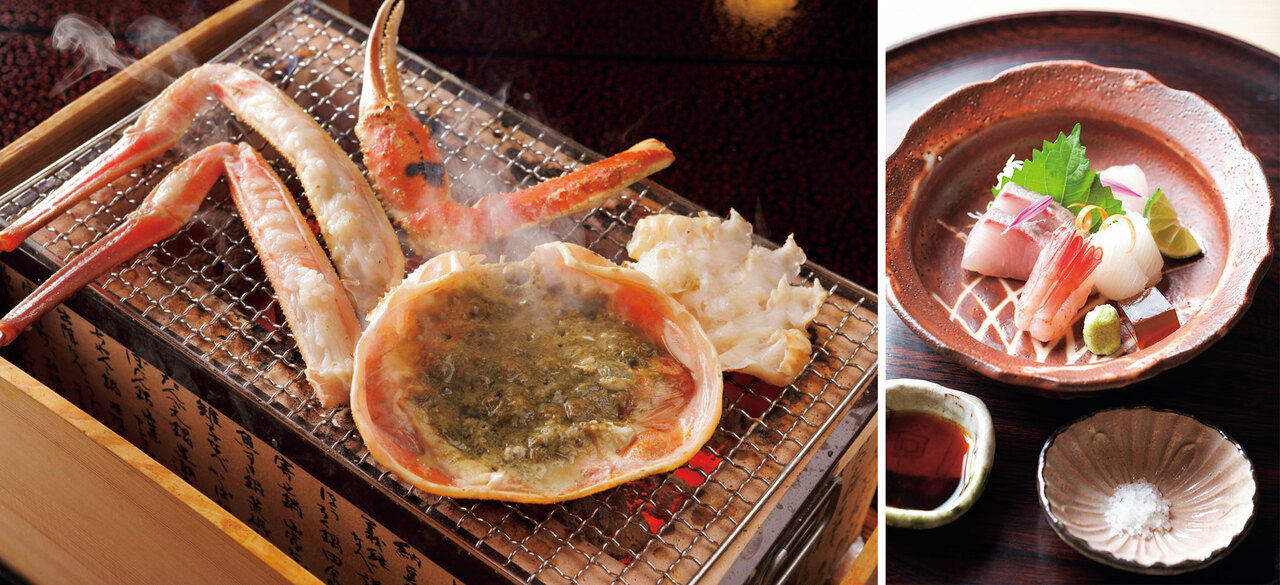 左：冬の名物｢ずわい蟹コース｣は2名～だが、これだけは友人を誘ってぜひ。86,900円～（1泊2食付き、2名1室の場合）。右：お造りは橋立港で揚がった魚介。器は魯山人好みの美濃焼 紅志野。