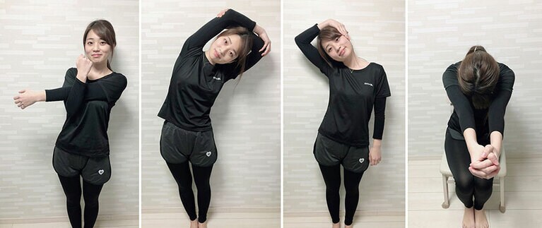 眠る前の簡単ストレッチ、左から①～④。