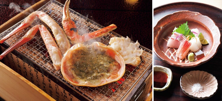 左：冬の名物｢ずわい蟹コース｣は2名～だが、これだけは友人を誘ってぜひ。86,900円～（1泊2食付き、2名1室の場合）。右：お造りは橋立港で揚がった魚介。器は魯山人好みの美濃焼 紅志野。
