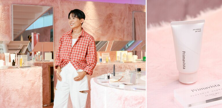 写真左：1階には小田切さんがセレクトした38ブランドの商品が並ぶ。写真右：小田切さんおすすめのジェル洗顔は「プリマヴィスタ プレメイクアップ ジェルウォッシュ」。
