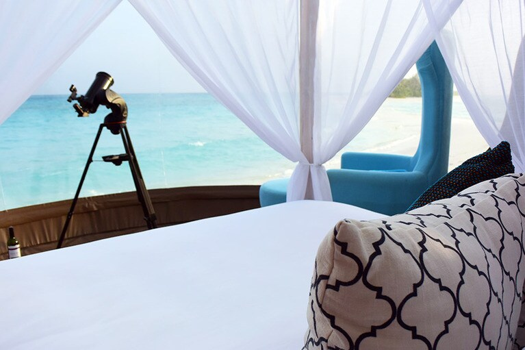 四柱ベッドの中からはこんな眺め。天体望遠鏡も用意されています。夜は天蓋を下ろすと、周囲の視線をシャットアウト。