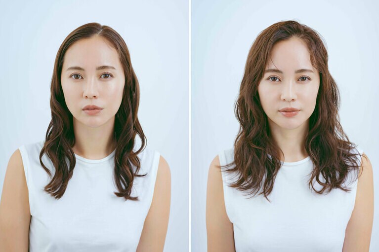 ドライヤー前に塗布して乾かしながらスタイリングした例。左がbefore、右がafter。自然なボリュームや前髪の立ち上がりを実現できる。