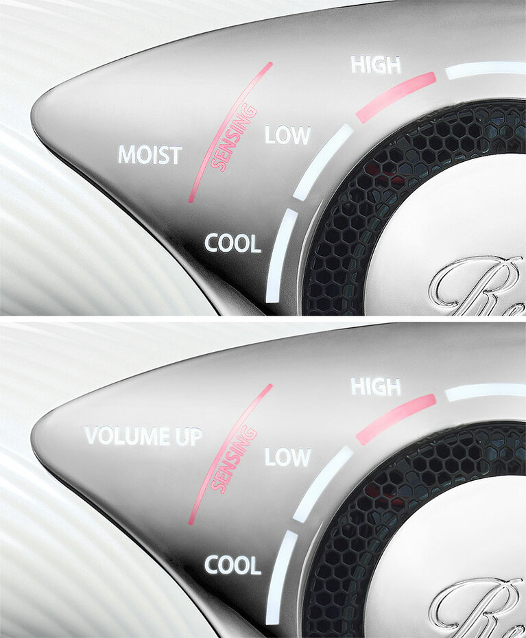 好みの仕上がりに合わせて、しっとり潤いを与えてくれる“MOIST”(写真上)と、ふんわりボリュームアップを叶える“VOLUME UP” (写真下)の2つのモードが選べる。