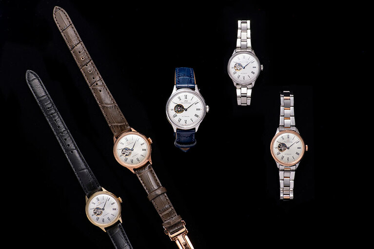 オリエントスター クラシックセミスケルトン ～レディース～。左から：RK-ND0004S 50,000円、RK-ND0003S 50,000円、RK-ND0005S 46,000円、RK-ND0002S 50,000円、RK-ND0001S 55,000円(すべて税抜)。