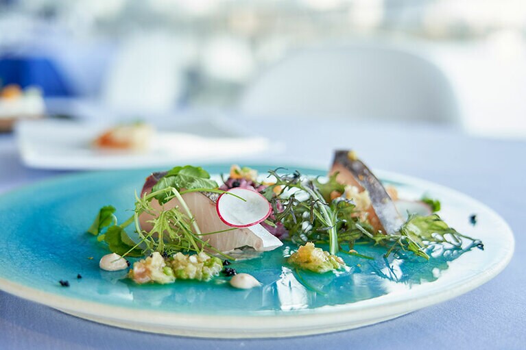 Antipasto：ハーブとマイヤーレモンの酸味がアクセントになっている「鰆のカルパッチョとマイヤーレモン 黒米のサラダ仕立て」