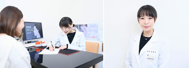 左：院長自らがカウンセリングを行ってくれるので安心。右：ソン・ユナ院長。クリニックでの施術の効果が、より高まるようなスキンケアアイテムの開発に邁進中。