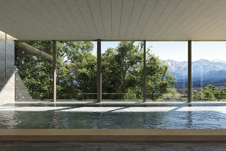 Snow Peak FIELD SUITE SPA HEADQUARTERS［新潟／雪峰温泉］大浴場 パース。(c)KENGO KUMA＆ASSOCIATES