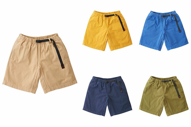 W‘S G-SHORT(ウィメンズGショーツ) 7,700円。サイズはS/M/L/XL/XXLの展開。左)CHINO、中上)OCHER、中下)DOUBLE NAVY、右上)DUSTY BLUE、右下)OLIVE。