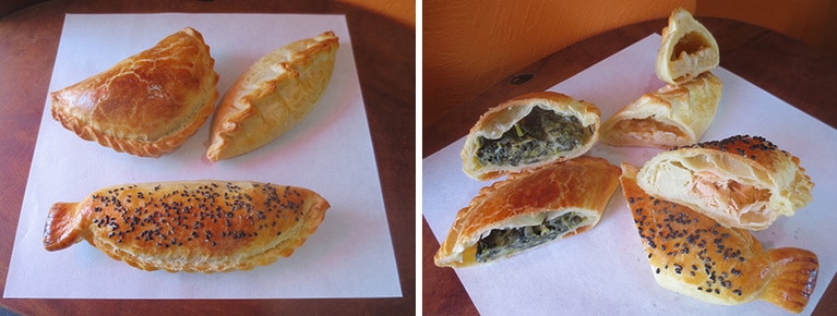 左上から時計回りに「ポパイパイ」340円、「里いもチーズオニオンパイ」350円、「サーモンパイ」380円。商品価格は変動あり。