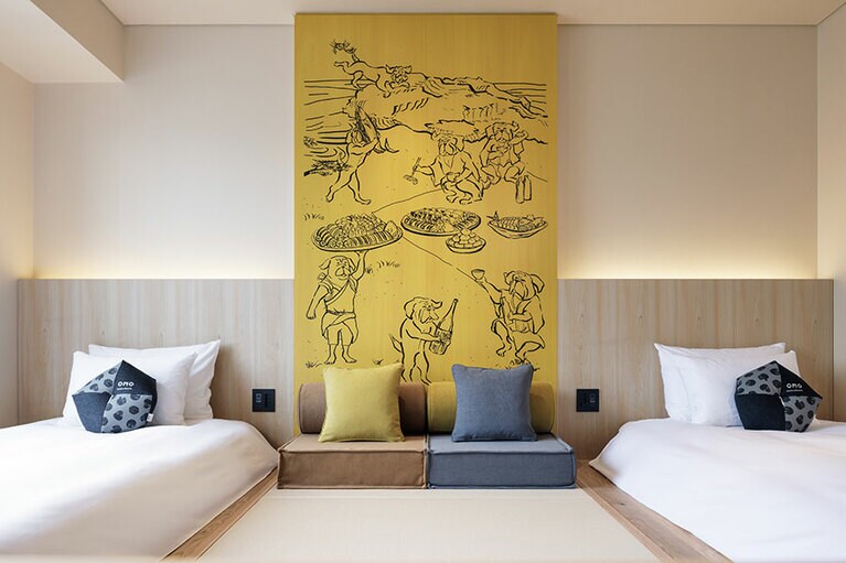 「うたげツイン」。ベッドが離れているので、友だち同士気兼ねなく過ごせるのがいい。