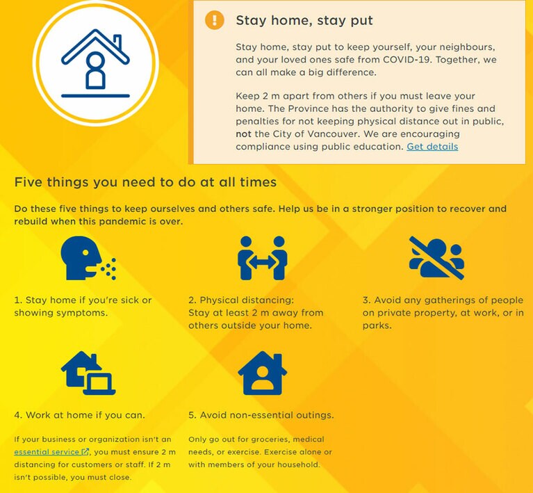 ソーシャルディスタンスや外出規制についてバンクーバー市が掲げたガイドライン。