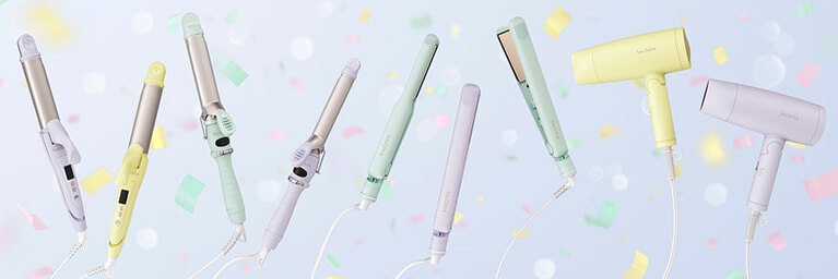 サロニア「セレブレイト」ストレートヘアアイロン 3,828円、セラミックカールヘアアイロン 3,828円、ストレート＆カールヘアアイロン 3,828円、スピーディーイオンドライヤー 5,918円。