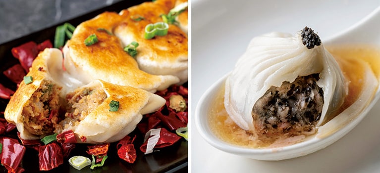 左：「宮保皮蛋煎餃」160元、右：「松露小籠湯包」460元。