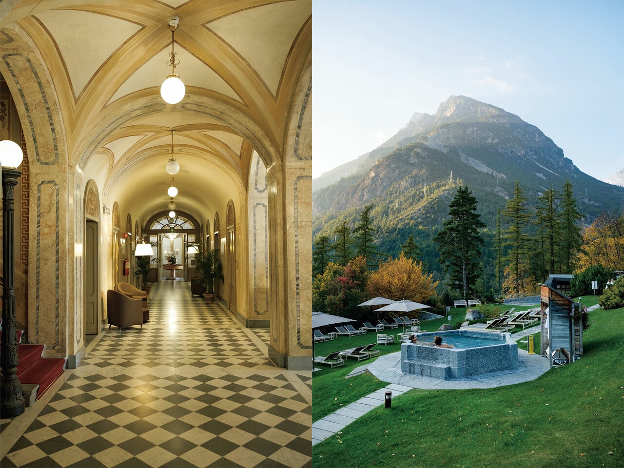 左：5ツ星ホテルらしい、歴史を感じさせる格式ある空間。右：雄大な山を眺めながら入るお湯はまた格別だ。