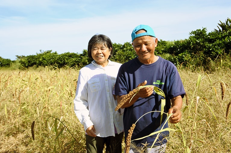 もちきびやゴマを育てている、とんちぇ農園の西里さんご夫妻。