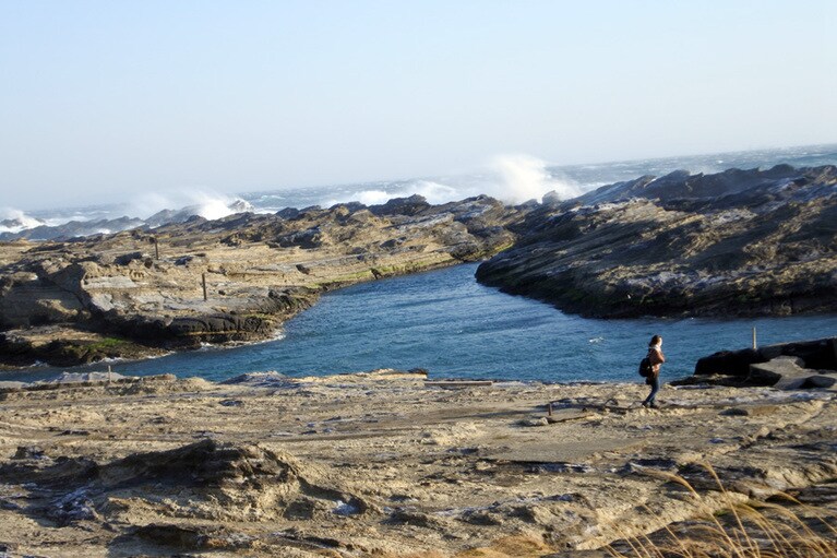 島の南側は波蝕台が広がっています。穏やかな日は太公望の姿も。