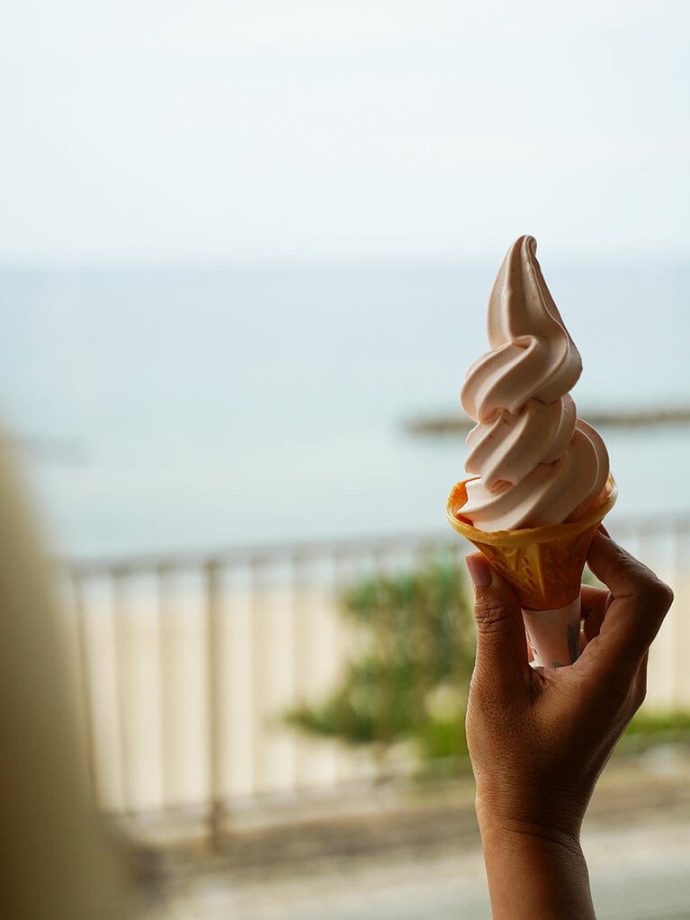 海を眺めながらいただく、いちじくソフトクリームは格別。