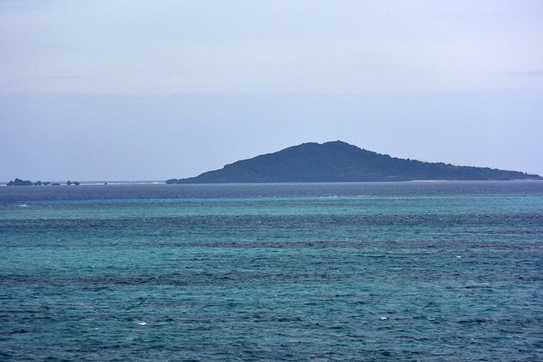 おみやげ品・お食事処「海美来」の展望台からみた大神島。