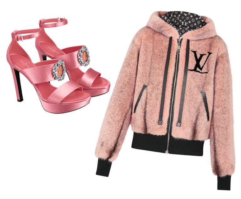 左：ピンク×ビジューが乙女心をくすぐる。SANDAL 146,000円。右：ラグジュアリーなフーディ。ふわっふわのさわり心地。裏地にも注目して！ MINK FUR HOODIE 1,610,000円／ルイ・ヴィトン(ルイ・ヴィトン クライアントサービス)