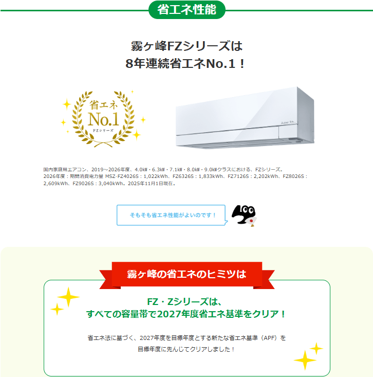 すでに2027年度の省エネ基準をクリアしているモデルも（三菱電機公式サイトより）