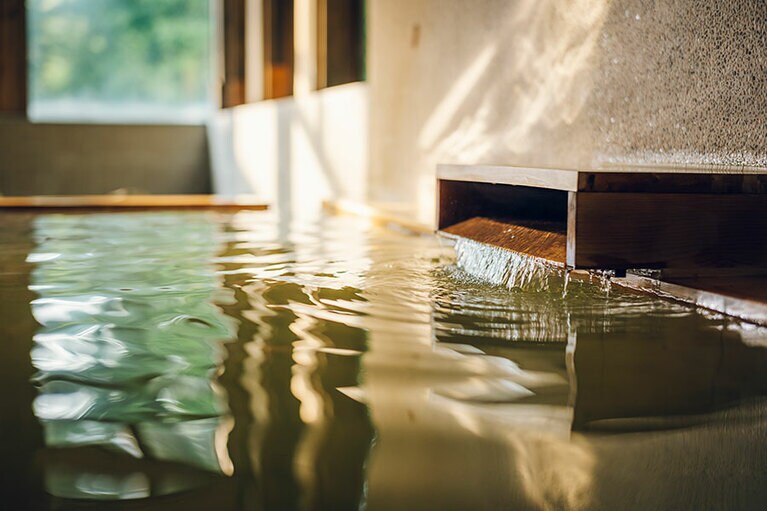 温泉は敷地内にある2本の自家源泉から。泉質はナトリウム・カルシウム－塩化物泉。