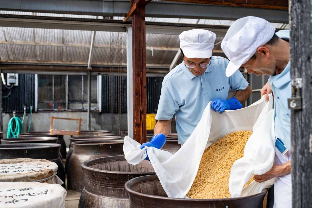 蒸した玄米を冷ましてから甕に入れる。