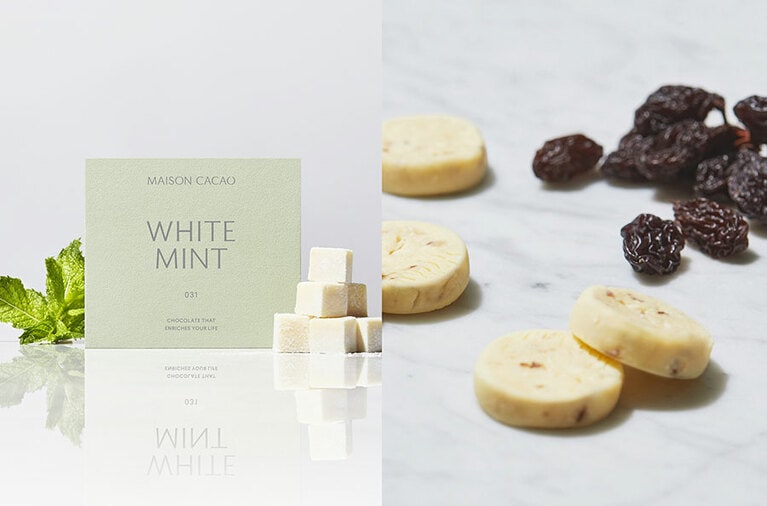 左：アロマ生チョコレート WHITE MINT 2,400円、右：生チョコクッキー ラムレーズン12袋入り 2,000円／MAISON CACAO