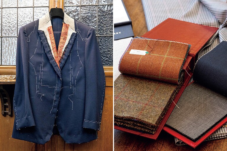 （左）仕立て途中のジャケット。ジャケットのセミビスポークは2,500ポンド～、フルオーダーは4,200ポンド～。（右）生地の種類は1,000以上。どういうパターンがフィットするかを随時提案していく。