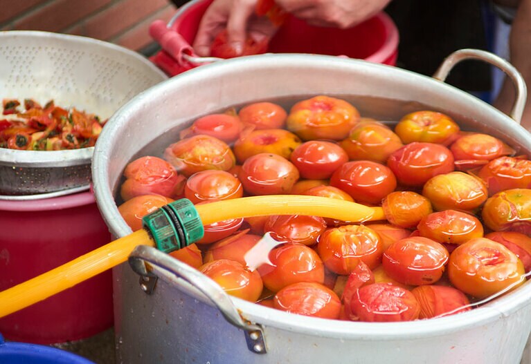 店員総出でトマトの下ごしらえ。
