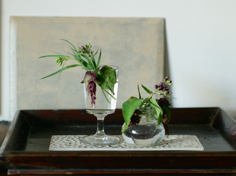 写真左：ガラスのグラスは食器だけでなく、花器として使用することも。中の水も見えて、涼感たっぷり。