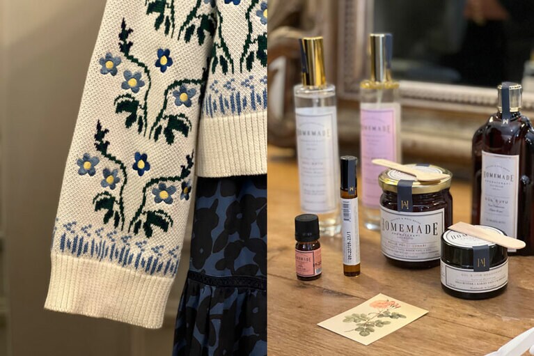 左)ニットもアナトリアのモチーフを編み込んでいる。右)「ホームメイド・アロマテラピー」の製品は、添加物や化学薬品を一切使わず、コールドプレス製法でていねいに作られている。