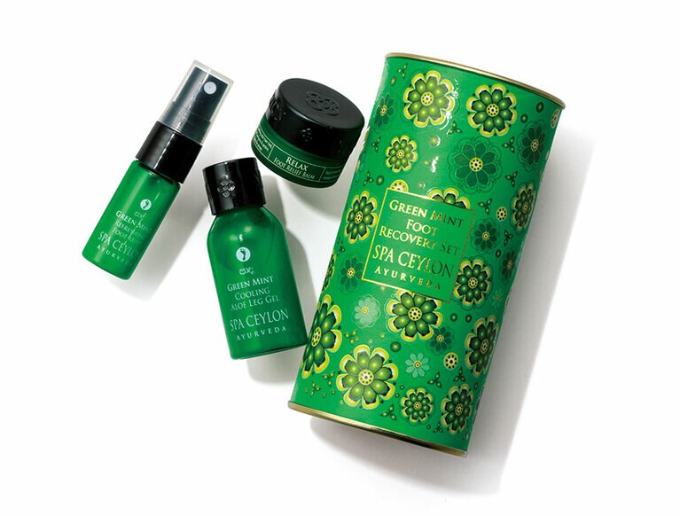 スパセイロン グリーン ミント リカバリー セット：リラックス フット リリーフ バーム 8g、クーリング アロエ レッグ ジェル 30mL、リフレッシング フット ミスト 10mL 2,800円／バンセイアーユルヴェーダ