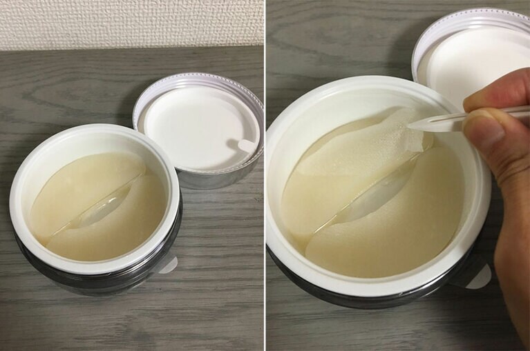 「ビューティーアイズ エッセンスシート」(60枚入り 8,140円/AXXZIA)。シートは美容成分に浸されてヒタヒタ。