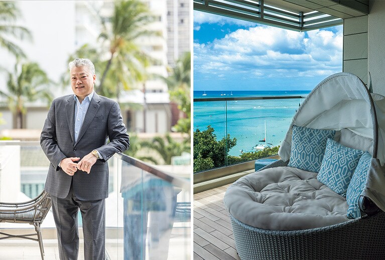 〈左〉総支配人のデイヴィッド・ウォン氏。〈右〉客室のラナイから眺める青い海は最高！