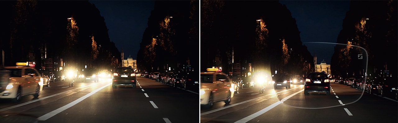 （左）DuraVision® Drive Safe コーティング無しの見え方。 （右）DuraVision® Drive Safe コーティングを施せば、クリアに見える。