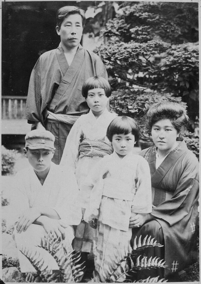 幼少期の佐藤愛子さん(下段中央)と父・佐藤紅緑さん(上段) ©︎文藝春秋