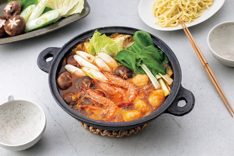 豊後絆屋「大分産車海老うま辛えび鍋セット」車海老×6、えびつみれ×6、旨辛えび鍋スープ250g、ちゃんぽん麵200g　eギフト 5,000円／カード 5,900円