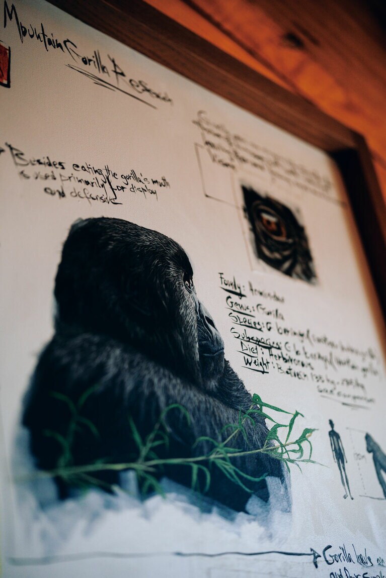 客室内には地元アーティストのイラストやルワンダの女性グループが手がけた刺繡のクッションがあり目を引く。©Wilderness