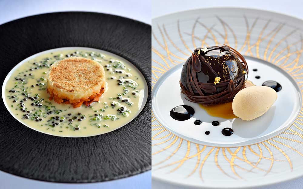 左：フレンチレストラン「Le RESTAURANT」より、温前菜のスペシャリテ「オマールブルーのパルマンティエ」。 右：複雑な味わいと食感が楽しめる大人のためのデザート「ドーム・ド・ショコラ」。
