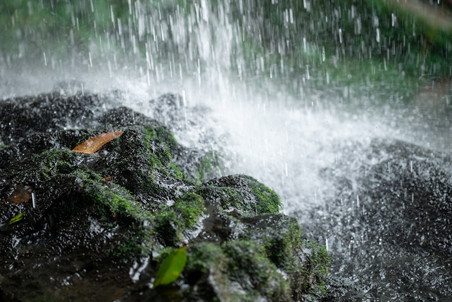 雨によって水量が増した滝。普段は絹糸のように細く緩やかな流れなのだそう。