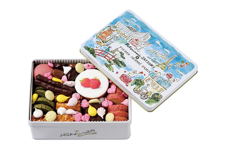 「ピエール・エルメ・パリ×パティスリーSATSUKI＜25周年記念コラボレーションクッキー缶＞」580g 12,960円／ホテルニューオータニ