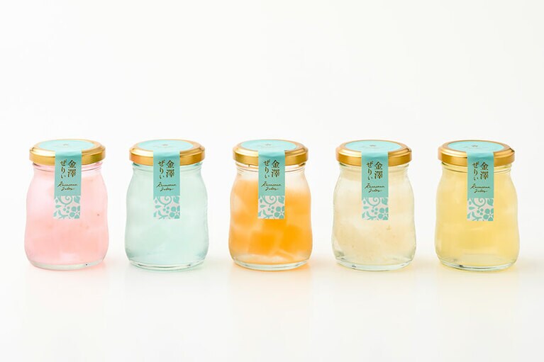 柚餅子総本家中浦屋「金澤ぜりぃ」各475円～（100g）。左から：ルビーロマン、能登の塩、金沢すいか、加賀しずく、金沢ゆず ※金沢すいかは夏季限定販売／石川県