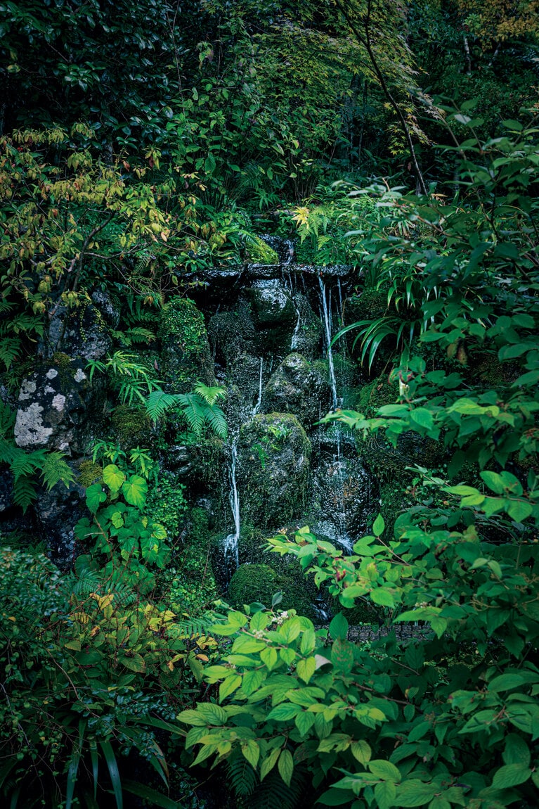 流れ落ちる滝の手前に木を植え、滝の全体像を直接見せないようにする手法。木を透かして滝を見せることで奥ゆかしさを演出し、見る者の想像力を搔き立てる効果がある。