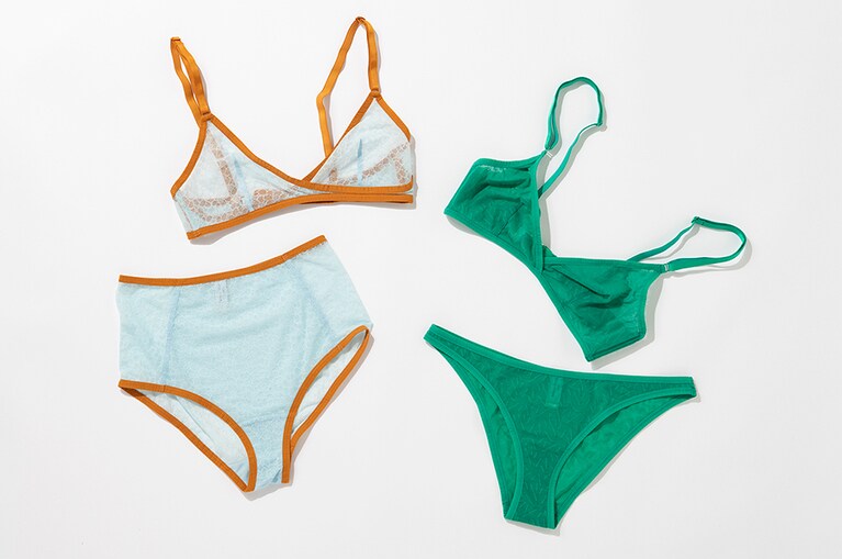 (左)ブラ 13,200円、ハイウエストショーツ 9,350円、(右)ブラ 13,200円、ビキニショーツ 8,800円／ヤスミンエスラミ(カドリールインターナショナル)