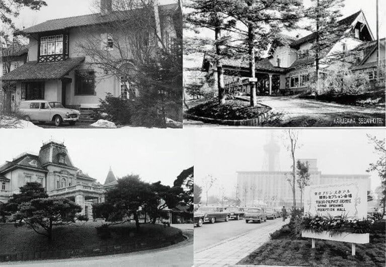 左上から時計回りに：プリンスホテル、晴山ホテル（現・軽井沢プリンスホテル）、東京プリンスホテル、高輪プリンスホテル（現・グランドプリンスホテル高輪）。